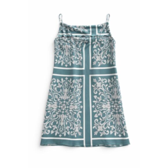 Forever 21 Satin Teal Slip Cowl Neck Mini Scarf Print Dress Size M - Picture 2 of 11